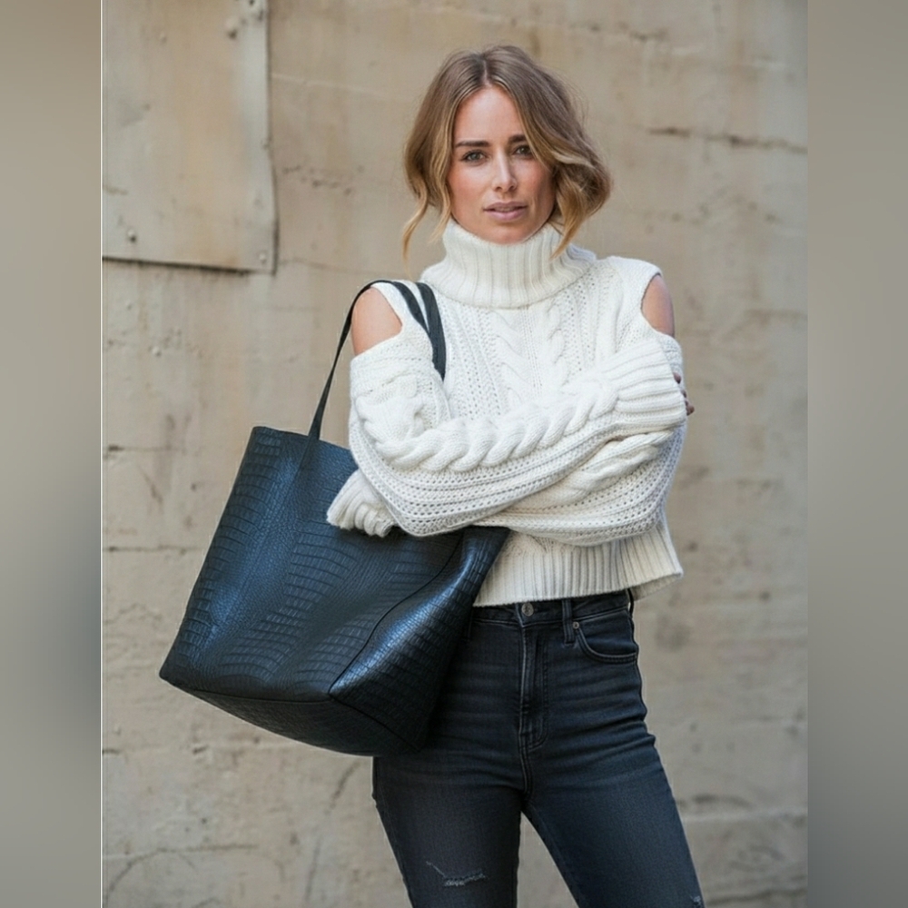 Anine Bing Cold-Shoulder Off White / Cream Cable Knit Crop Sweater